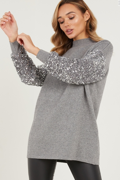 Grey Knitted Sequin Sleeve Jumper